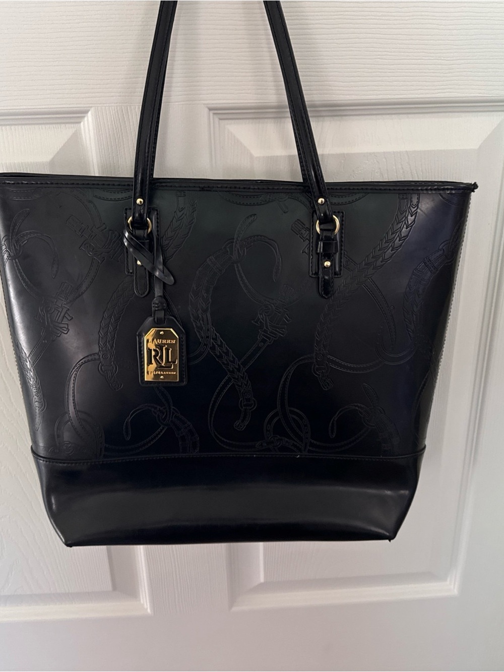 Ralph Lauren Black Leather Tote with Embossed Design